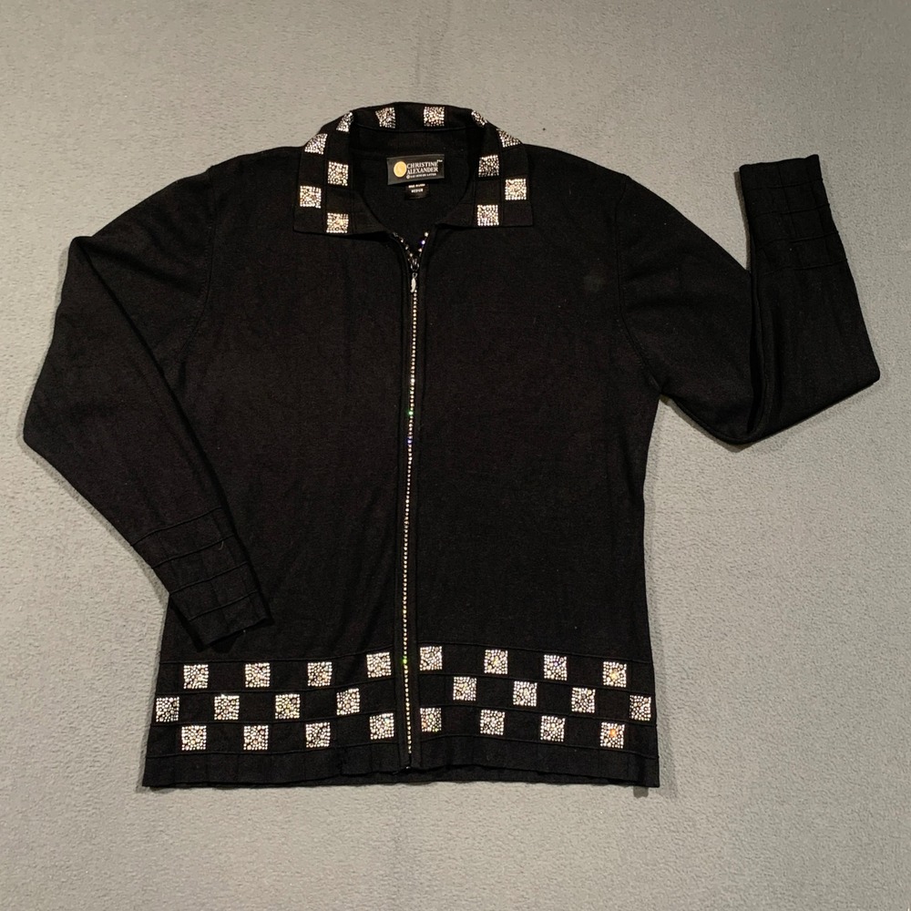 Christine Alexander Zip Up Cardigan Women Medium Black Rhinestone Glam Sweater